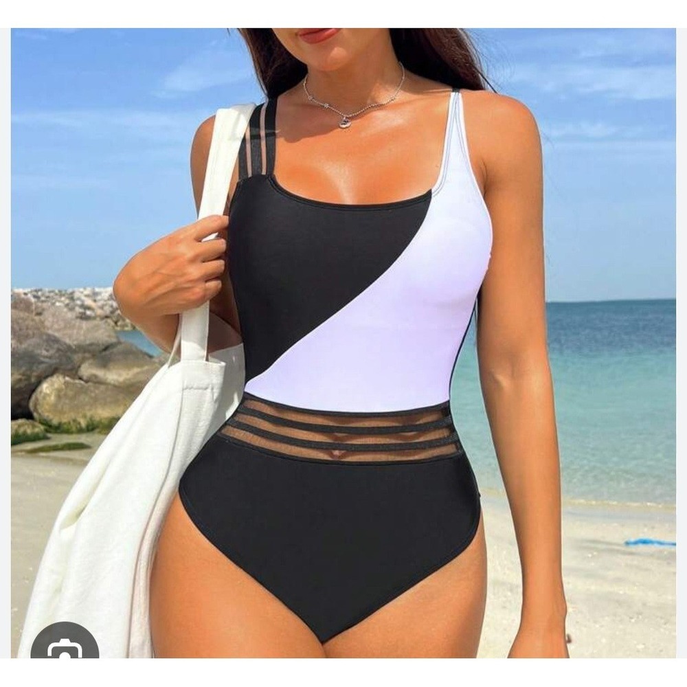 Black And White Colorblock One Piece Swimsuit Women's Medium See Through NEW